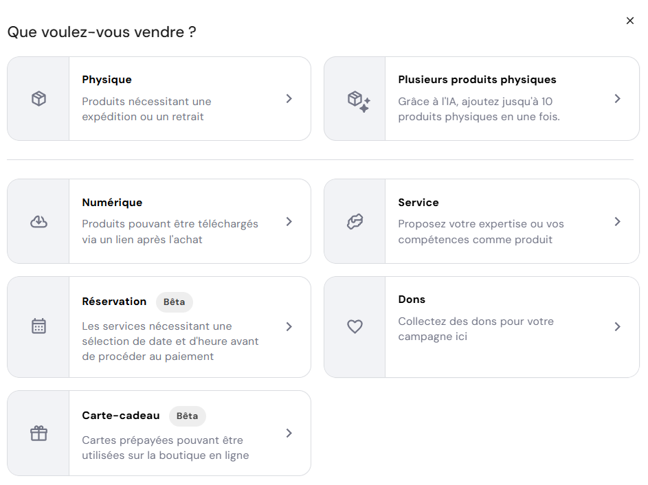 Pop-up Choisir le type de produit