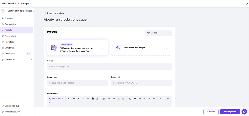 Page Ajouter un produit physique