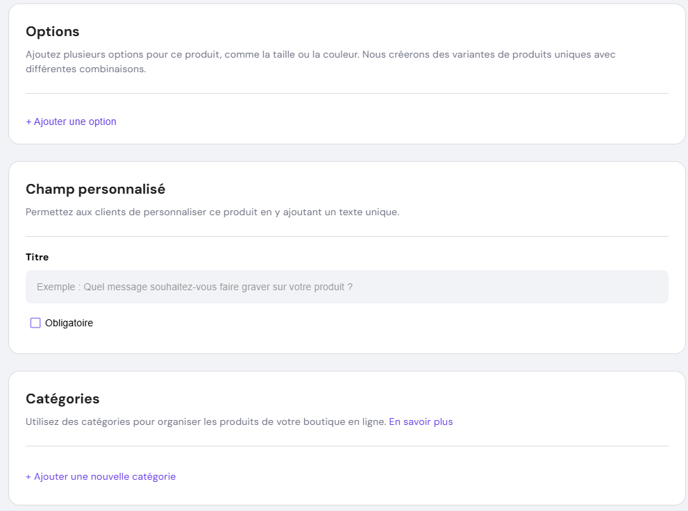 Gros plan sur les sections Options et catégories
