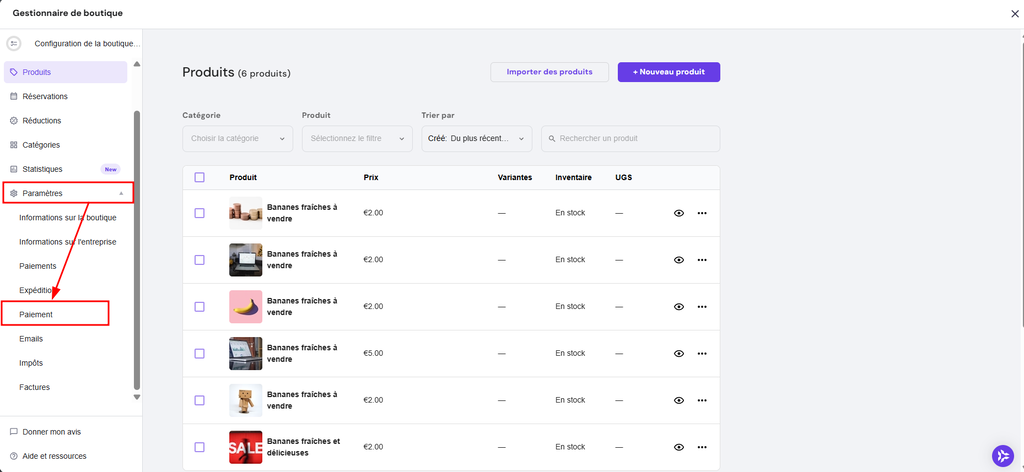 Section Paiement mise en évidence dans les paramètres de la boutique