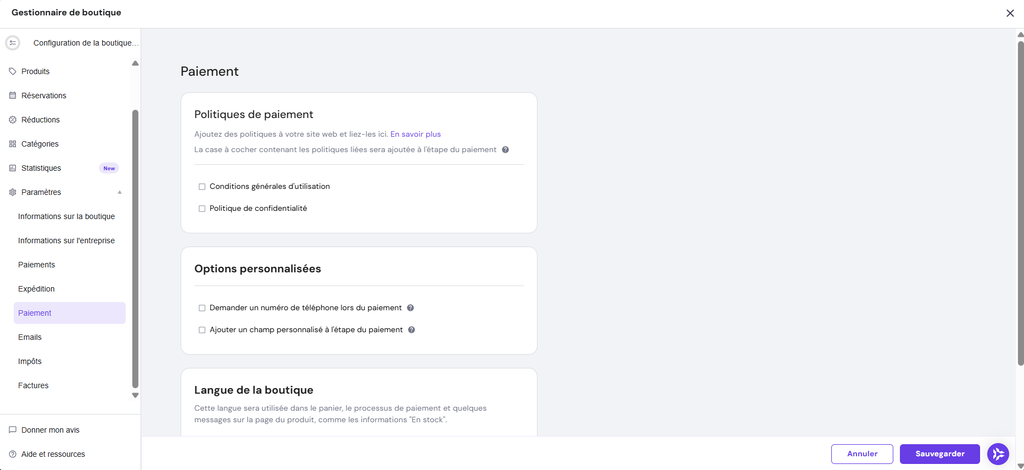 Page des paramètres de paiement