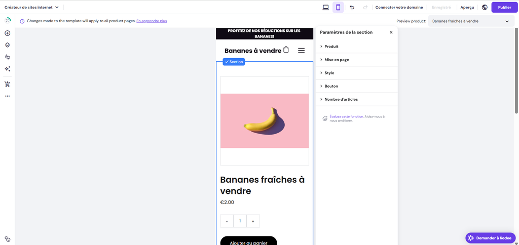 Page de produit affichée en vue mobile