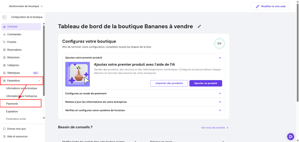 Section Paiements mise en évidence dans les paramètres de la boutique