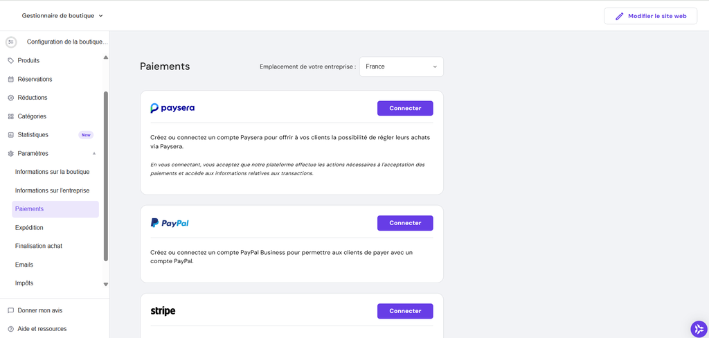 Param&egrave;tres de paiement