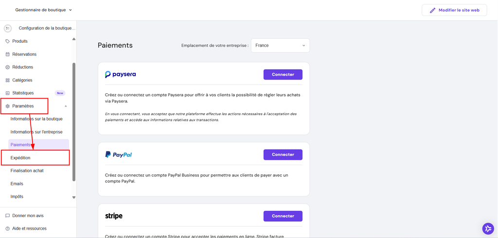 Section Exp&eacute;dition mise en &eacute;vidence dans les param&egrave;tres de la boutique