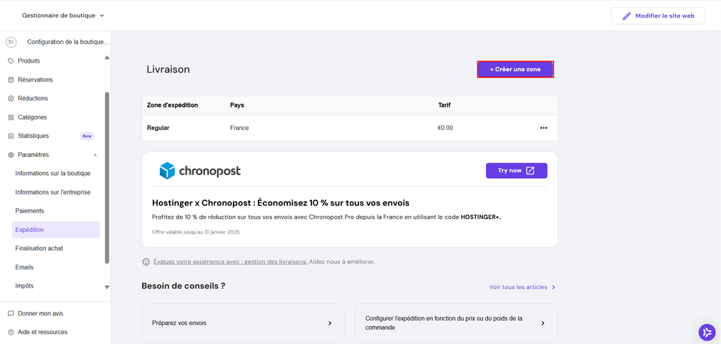 Bouton Créer une zone mis en évidence