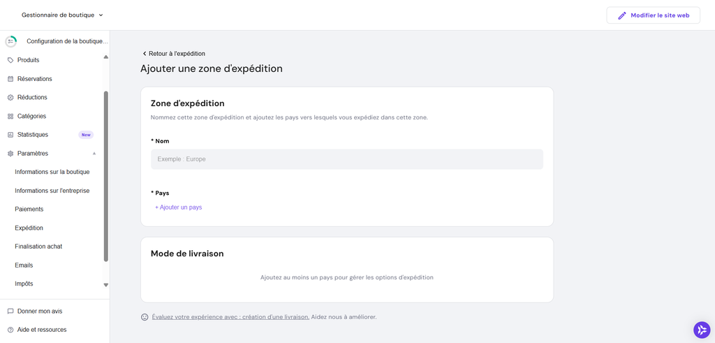 Page Ajouter une zone d’expédition