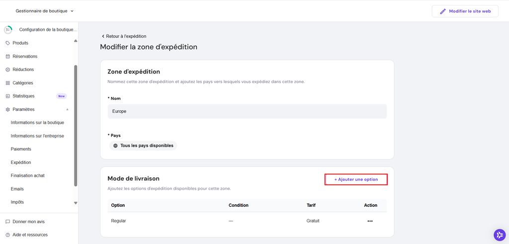 Bouton Ajouter une option mis en évidence