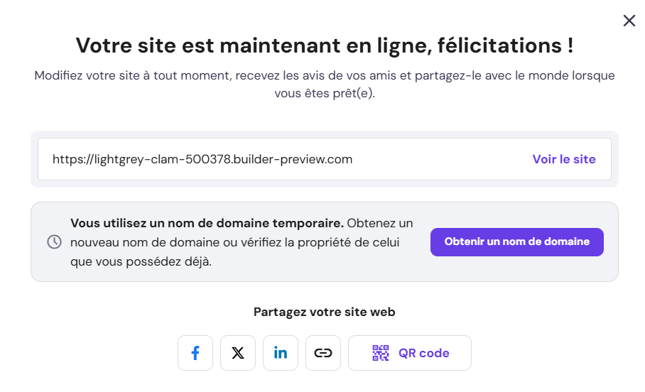 Fenêtre pop-up Votre site est maintenant en ligne
