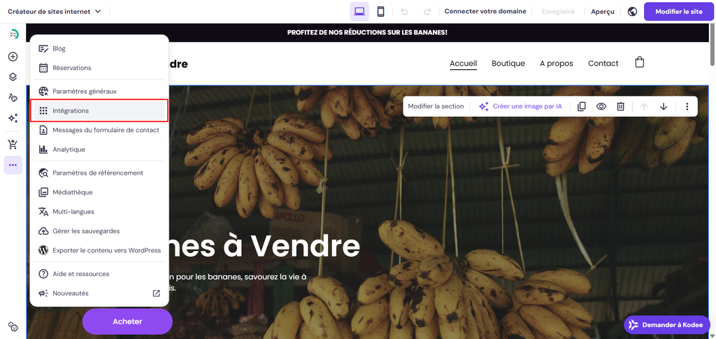 Paramètres d’intégrations dans le menu latéral