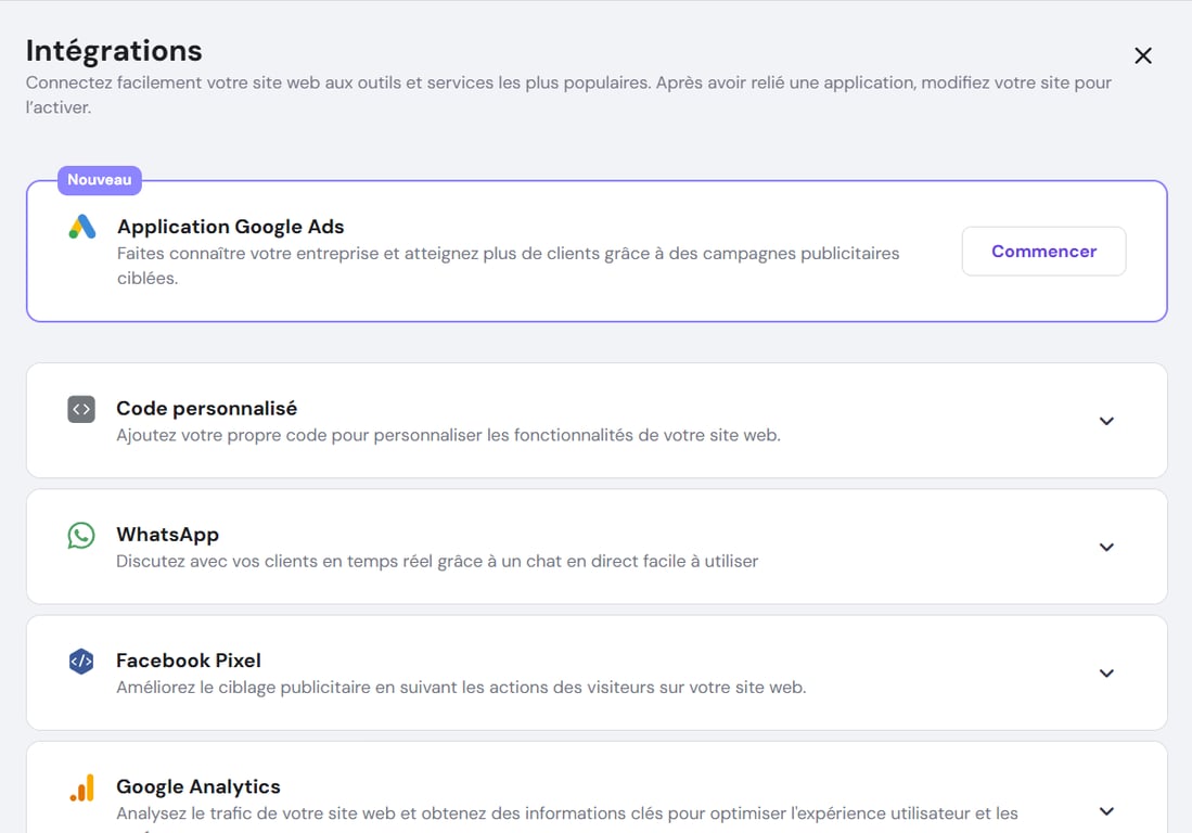 Menu d’intégrations du créateur de sites internet de Hostinger