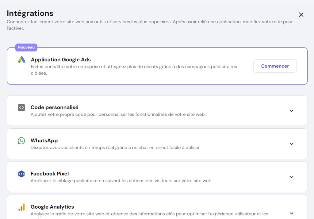 Menu d&rsquo;int&eacute;grations du cr&eacute;ateur de sites internet de Hostinger