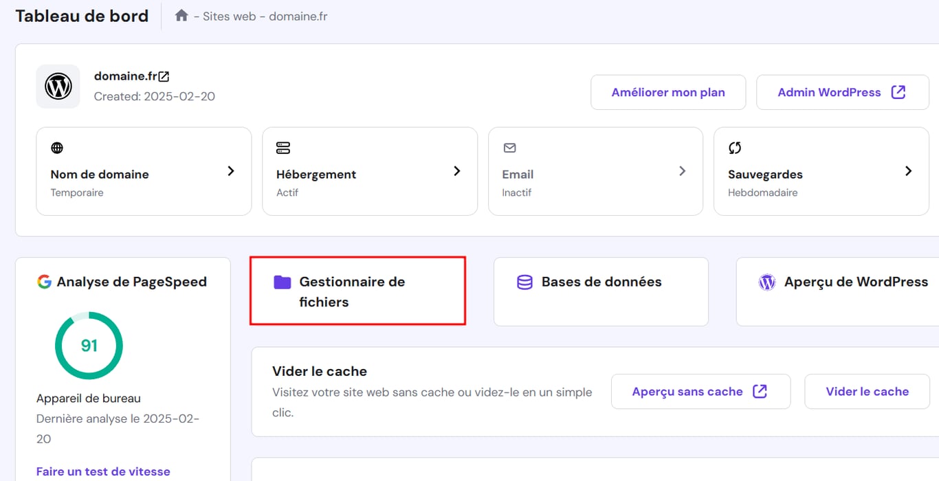 Le bouton Gestionnaire de fichiers dans le tableau de bord du site web hPanel