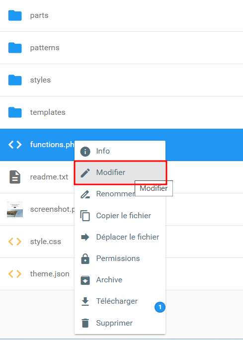 Sélectionner le fichier functions.php puis ouvrir l'option Modifier