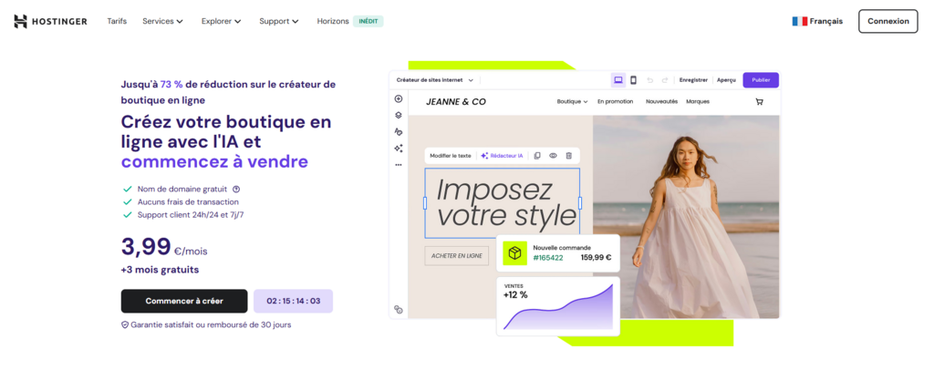 Page d'accueil du cr&eacute;ateur de boutique en ligne Hostinger