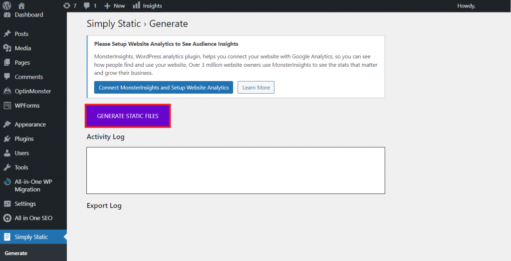 Génération de fichiers HTML statiques sur Simply Static