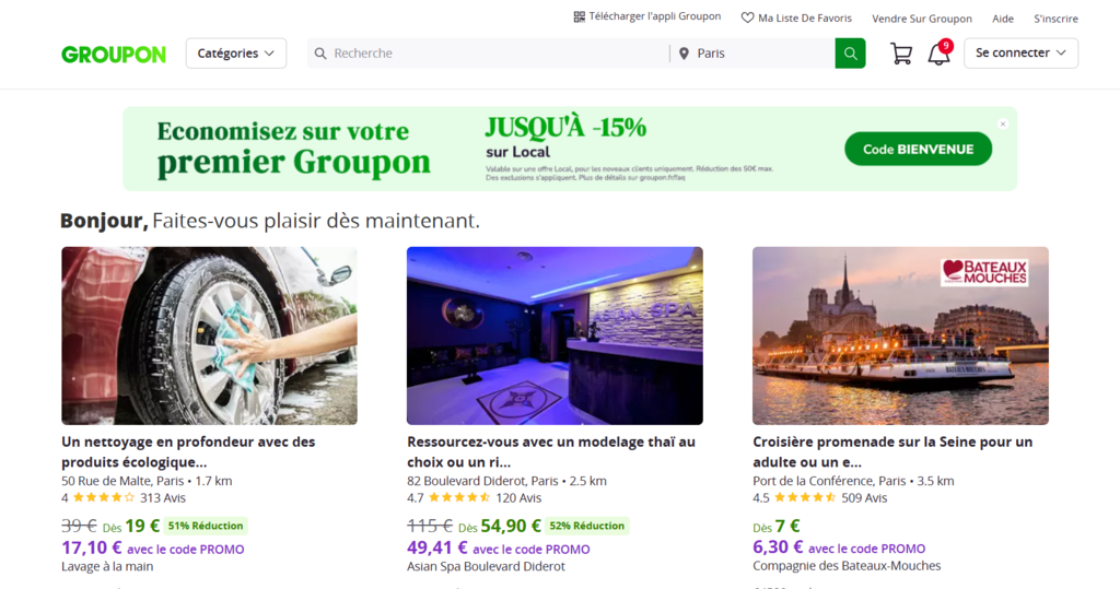 La page d'accueil de Groupon