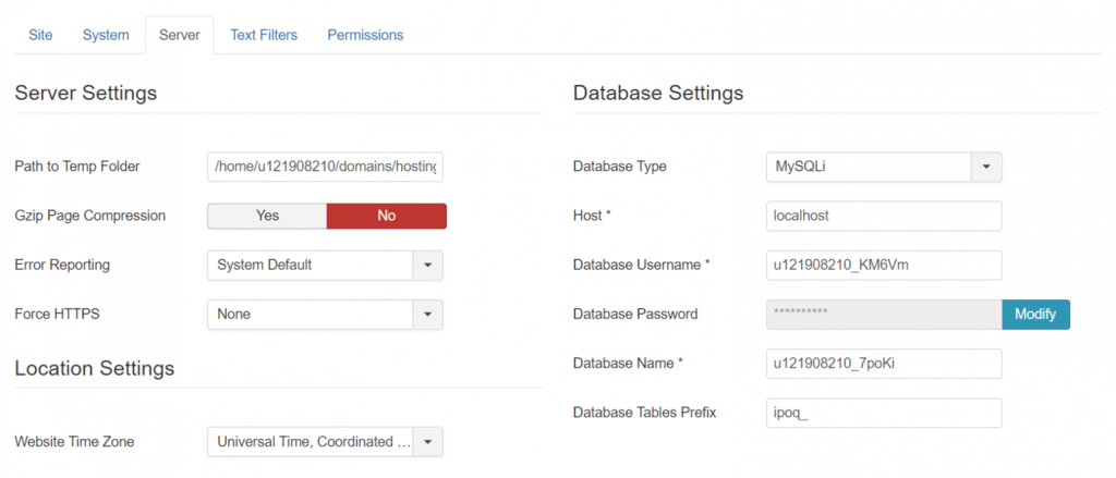 Détails de la base de données Joomla