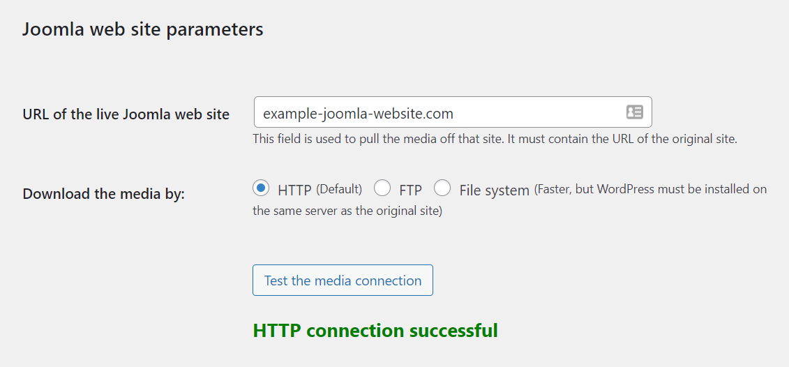 Paramètres du site web Joomla avec un message de réussite - La connexion HTTP est réussie