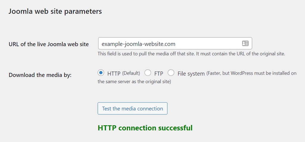 Param&egrave;tres du site web Joomla avec un message de r&eacute;ussite - La connexion HTTP est r&eacute;ussie