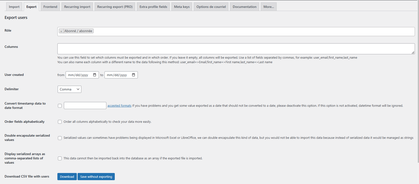 L'onglet Export de l'extension Import and Export Users and Customers, affichant les configurations à mettre en place avant de télécharger le fichier CSV.