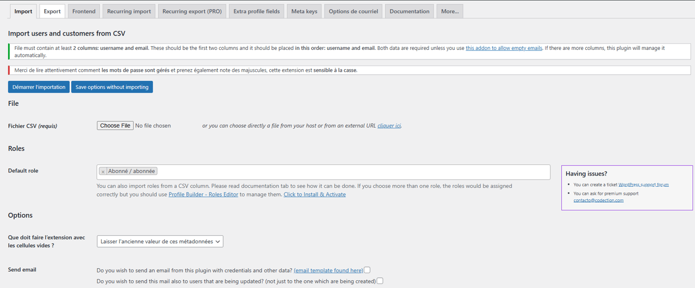 L'onglet Import du plugin Import and Export Users and Customers, où l'administrateur peut importer des données d'utilisateurs à l'aide d'un fichier CSV.