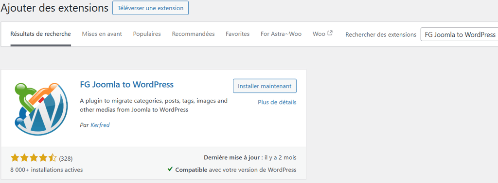 Ajout de l&rsquo;extension FG Joomla to WordPress