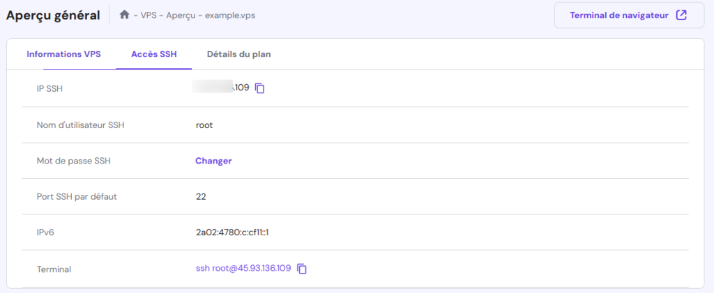 Présentation du VPS dans l'hPanel de Hostinger, avec les détails de l'accès SSH