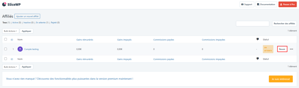 Le bouton &laquo; Revoir &raquo; en surbrillance dans le menu Affili&eacute; de SliceWP