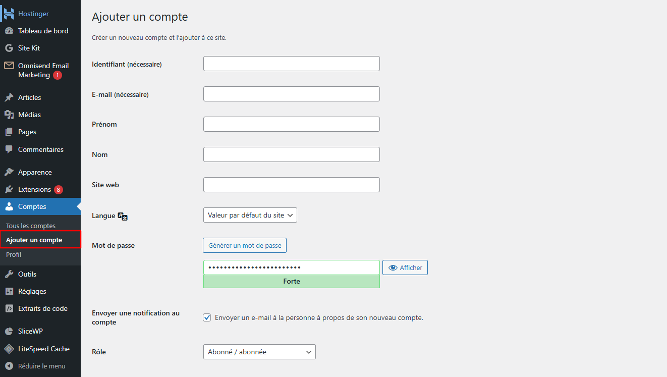 Ajouter un nouvel utilisateur dans le tableau de bord WordPress