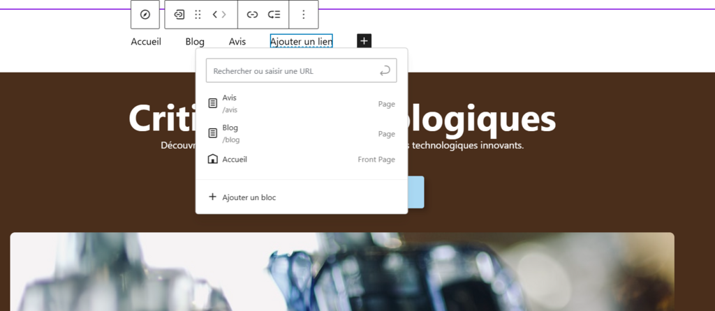 La fonctionnalit&eacute; permettant d'ajouter des pages &agrave; un menu de navigation dans l'&eacute;diteur de blocs