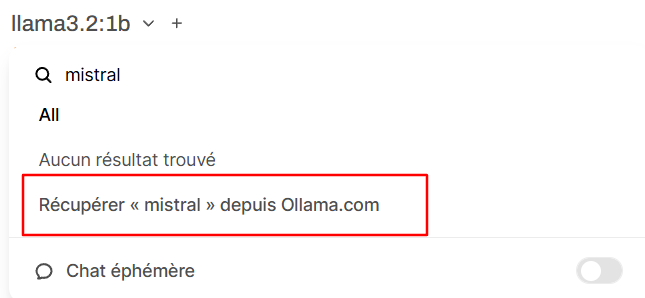 L'option Récupérer [modèle] depuis Ollama.com dans le panneau de sélection de modèles d'Open WebUI