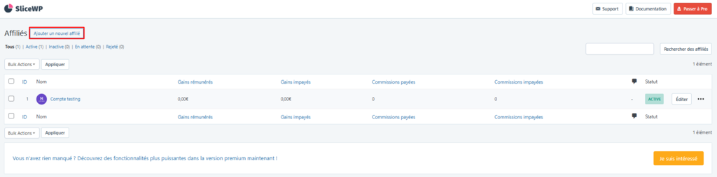 Le bouton Ajouter un nouvel affili&eacute; dans le menu Affili&eacute;s de SliceWP