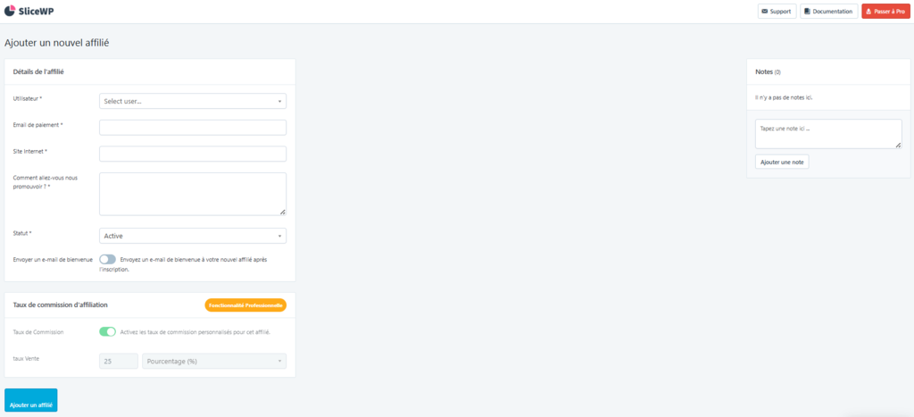 La page Ajouter un nouvel affilié sur SliceWP