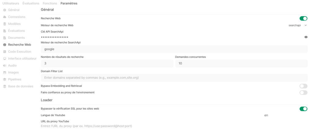 Le menu Recherche Web du panneau d'administration d'Open WebUI