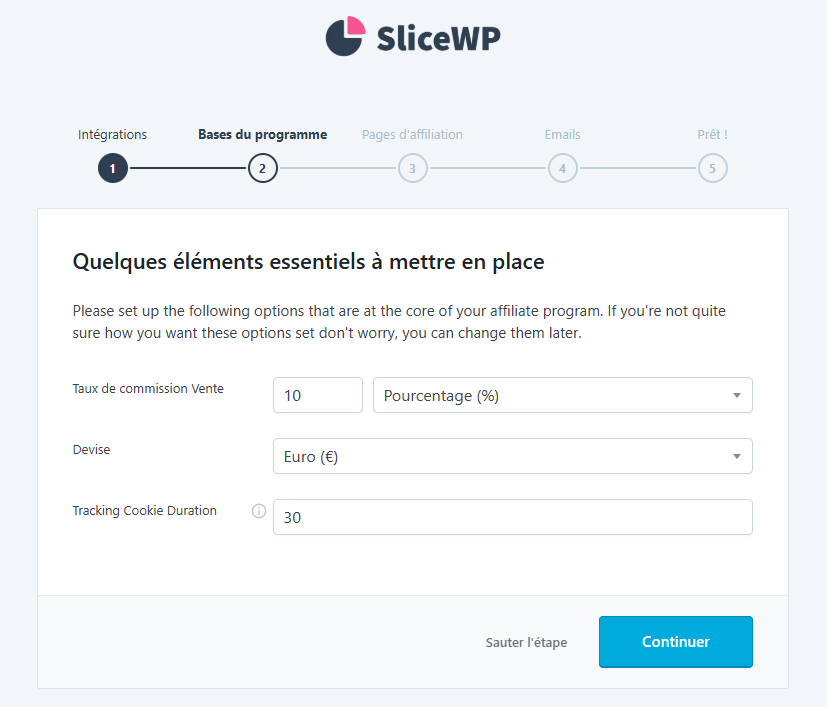 La page de configuration des commissions dans l'assistant de configuration initiale de SliceWP