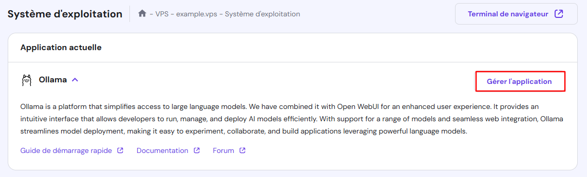Le bouton Gérer l'application dans le VPS de hPanel après l'installation du modèle Ollama