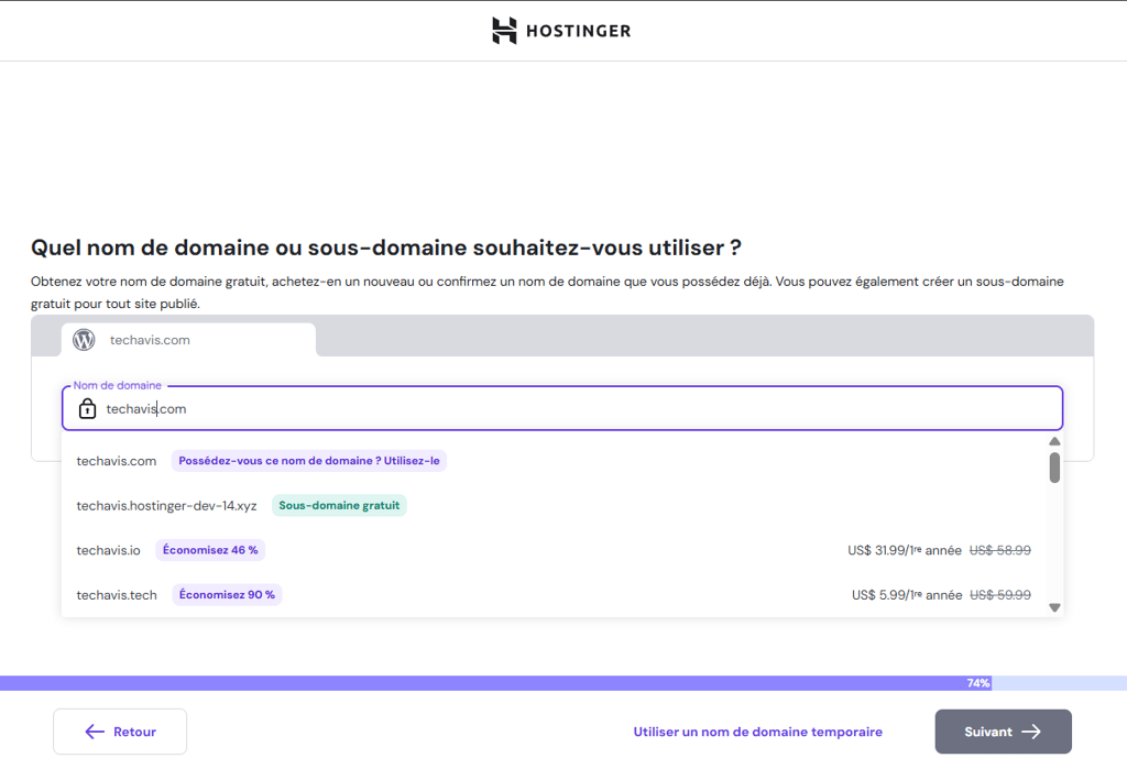 S&eacute;lection du nom de domaine lors de l'int&eacute;gration &agrave; Hostinger