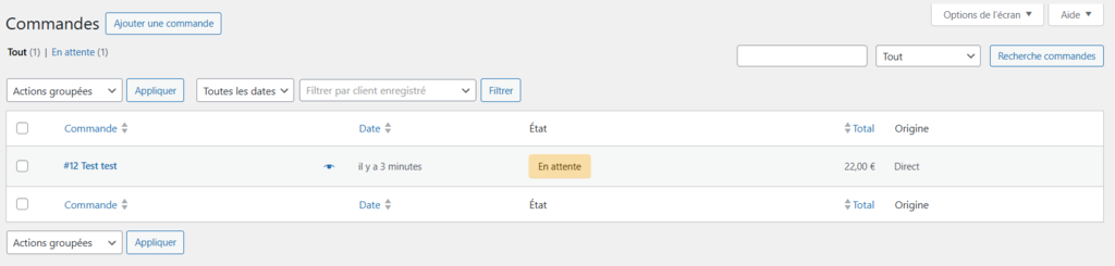 L'onglet Commandes dans WooCommerce
