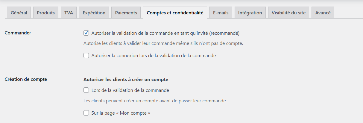 Paramètres des comptes et confidentialité de WooCommerce 