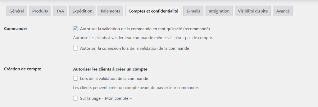 Param&egrave;tres des comptes et confidentialit&eacute; de WooCommerce 