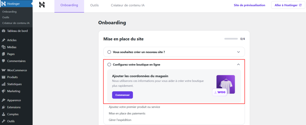 La page de configuration initiale de Hostinger Easy Onboarding pour WooCommerce