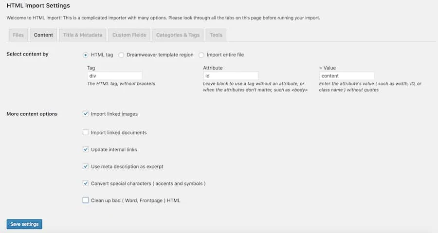 Paramètre d'importation de contenu