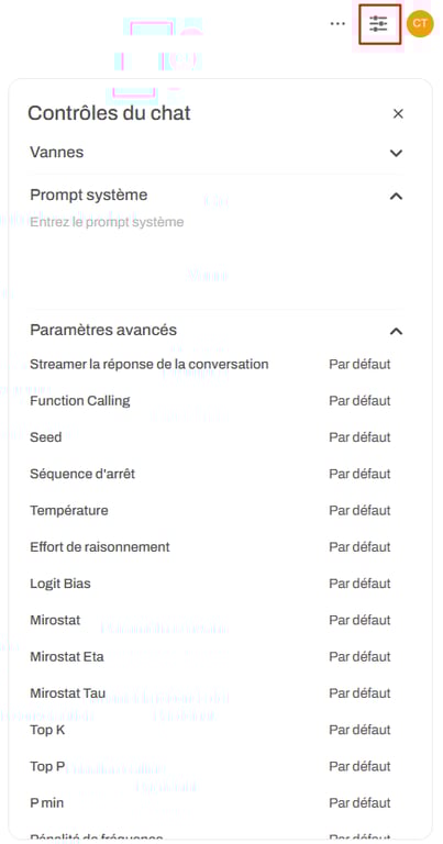 Le bouton Contrôles dans le volet de données d'Open WebUI