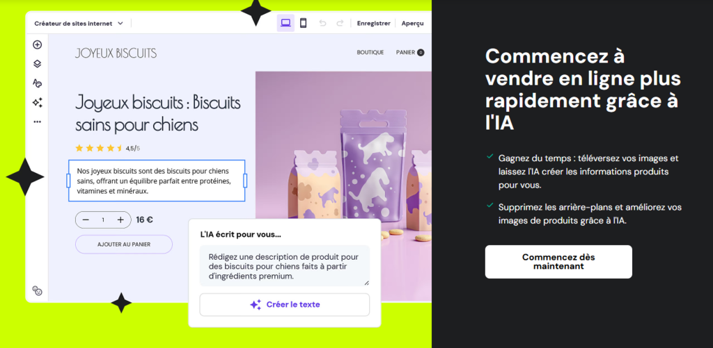 Page d'accueil du cr&eacute;ateur de site Web Hostinger