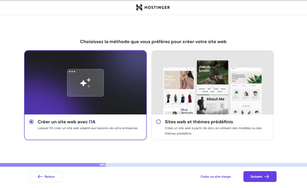 Cr&eacute;er un site web avec l'IA lors de l'onboarding &agrave; Hostinger