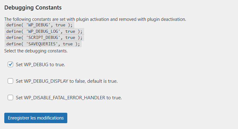 Paramètres de WP Debugging dans la zone d'administration WordPress