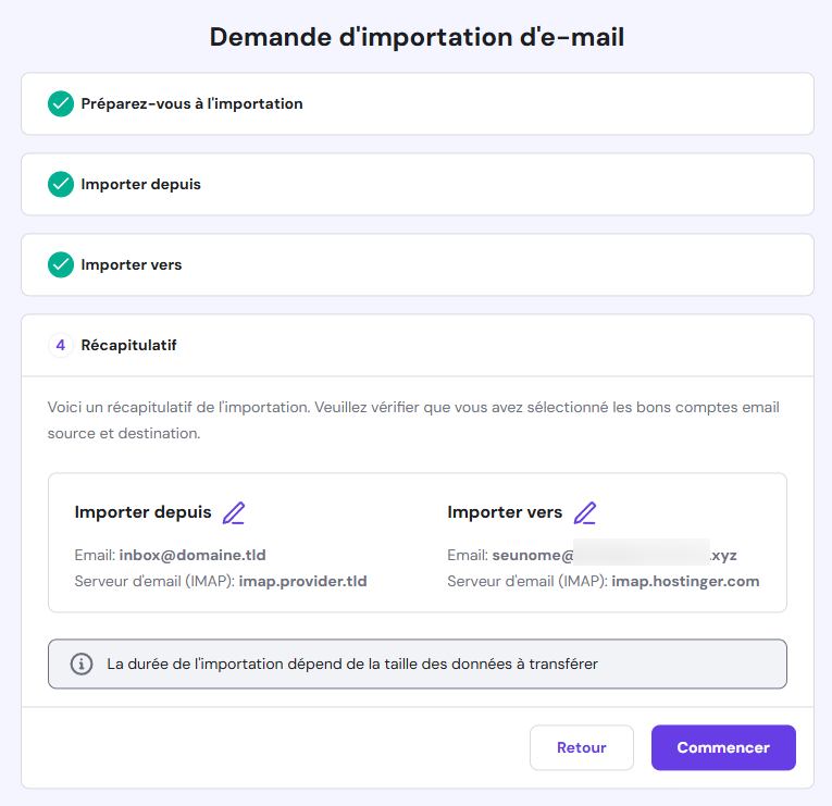 Section récapitulative du panneau de demande d'importation d'e-mails