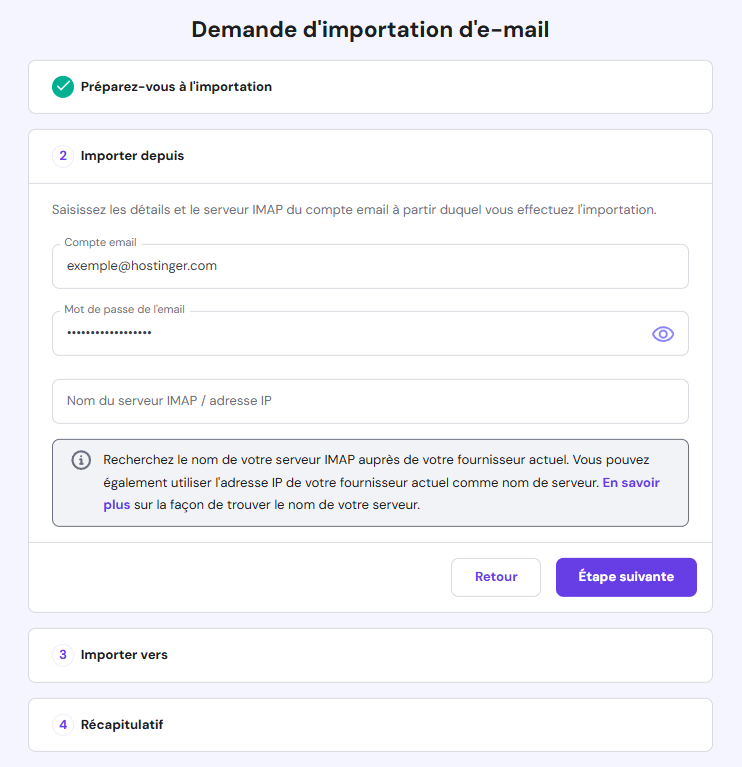 Panneau de demande d'importation d'e-mails