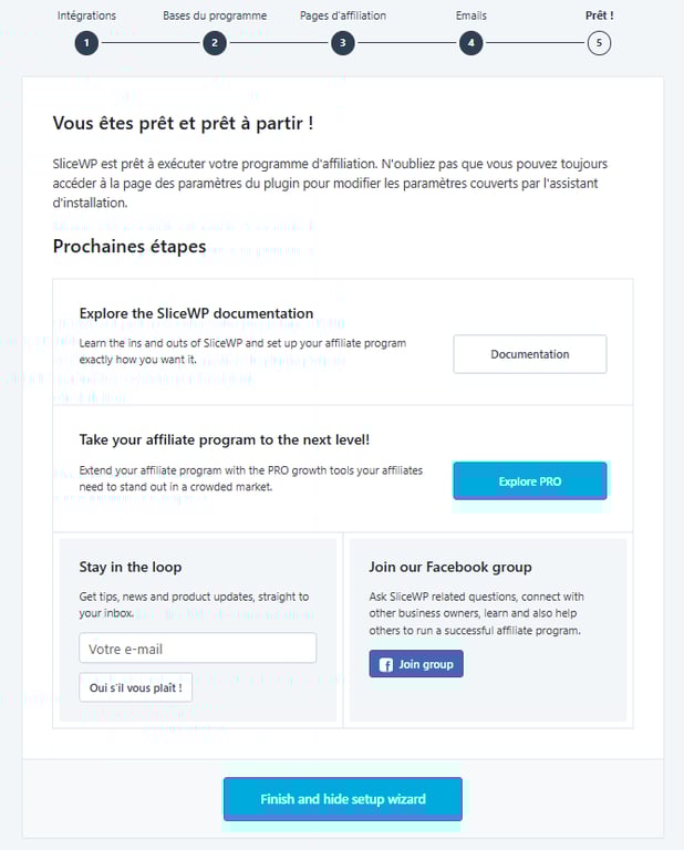 La page de fin de l'assistant de configuration initiale de SliceWP
